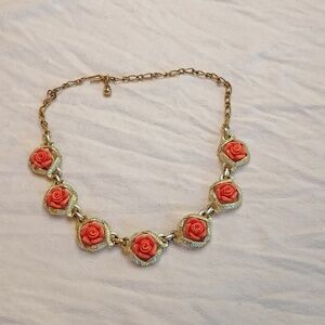 Gold Metal With Coral Colored Roses Necklace